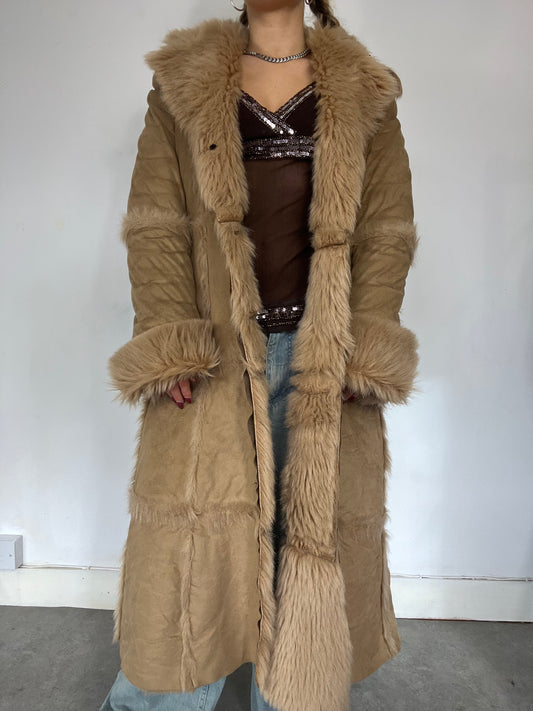 Fur trim beige longline afghan coat - Size M/L