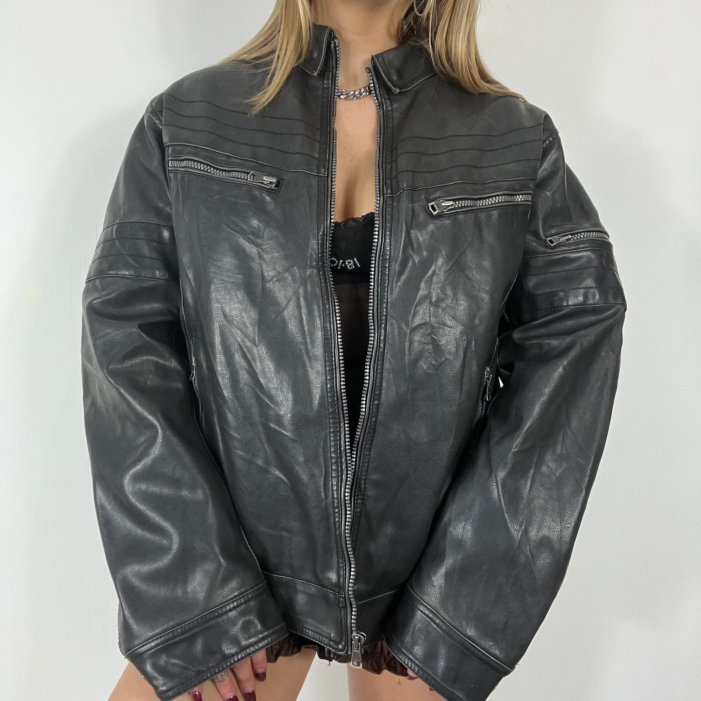 90s black real leather oversized bomber jacket - Size L