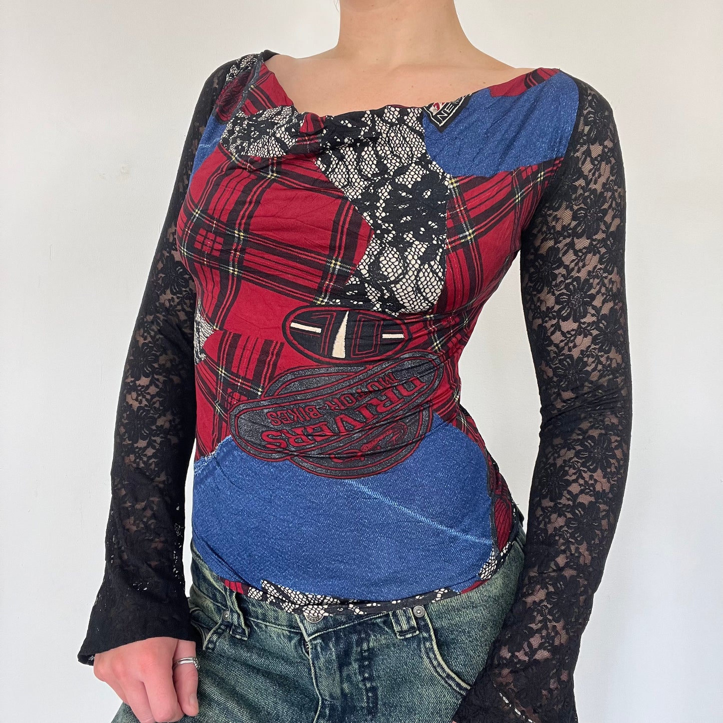Y2K tartan lace long sleeve top - Size S