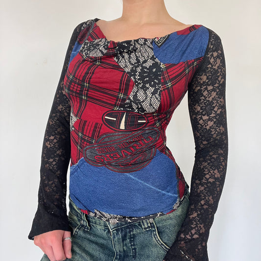 Y2K tartan lace long sleeve top - Size S