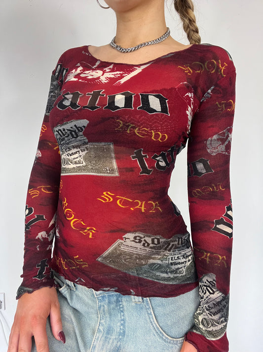 Mesh Graphic Print Long Sleeve Top - Size S