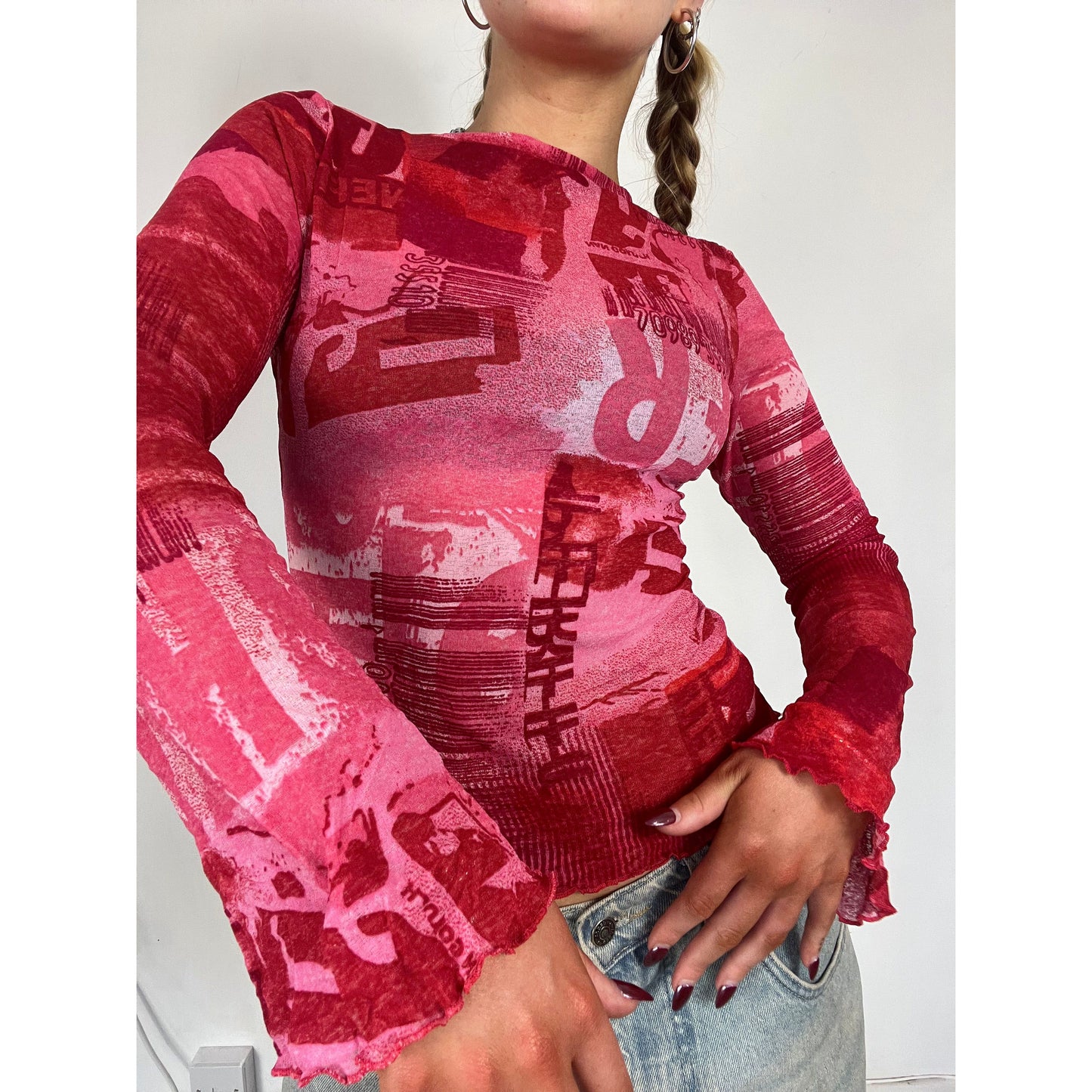 Pink graphic print mesh long sleeve top - Size small