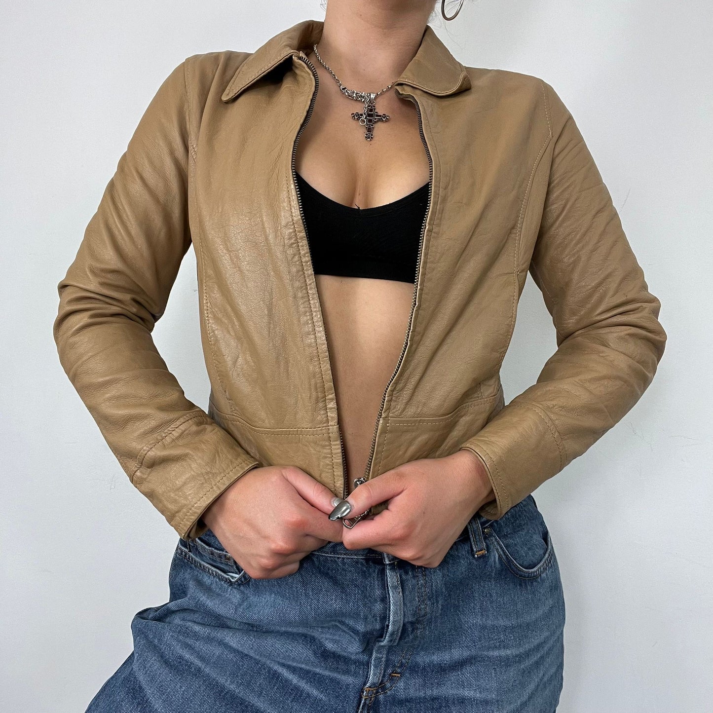 Collared Brown Leather Short Jacket (S)