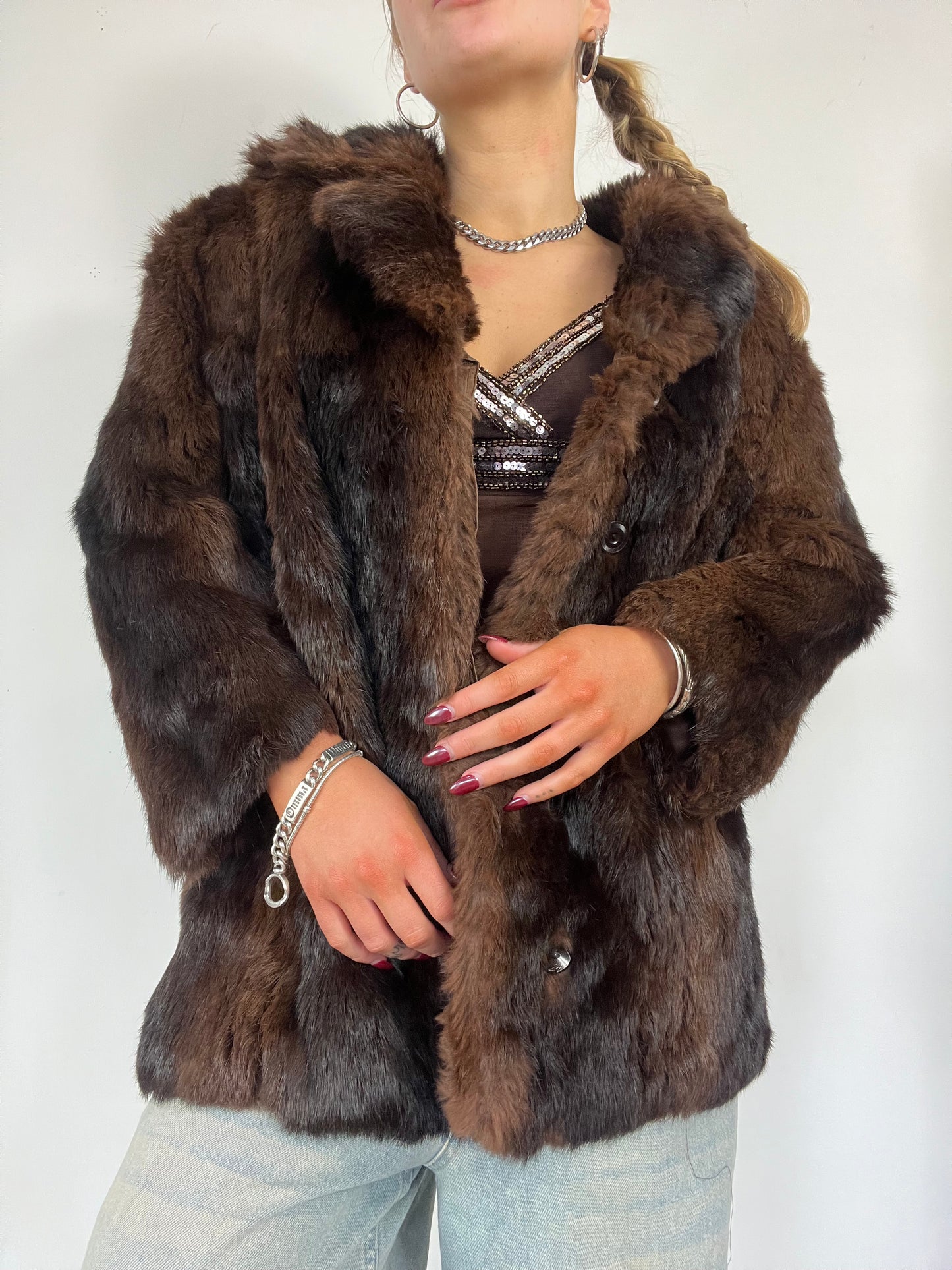 Real fur brown coat - Size M