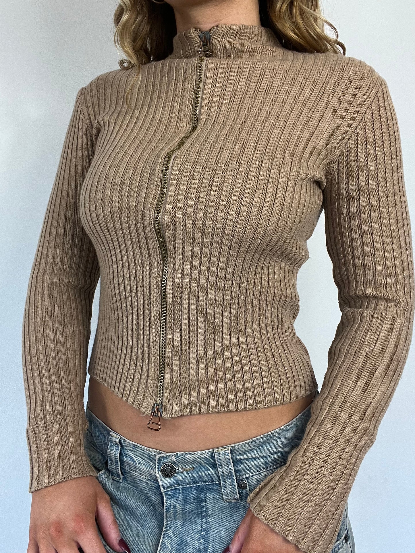 90s beige ribbed double zip up - Size S