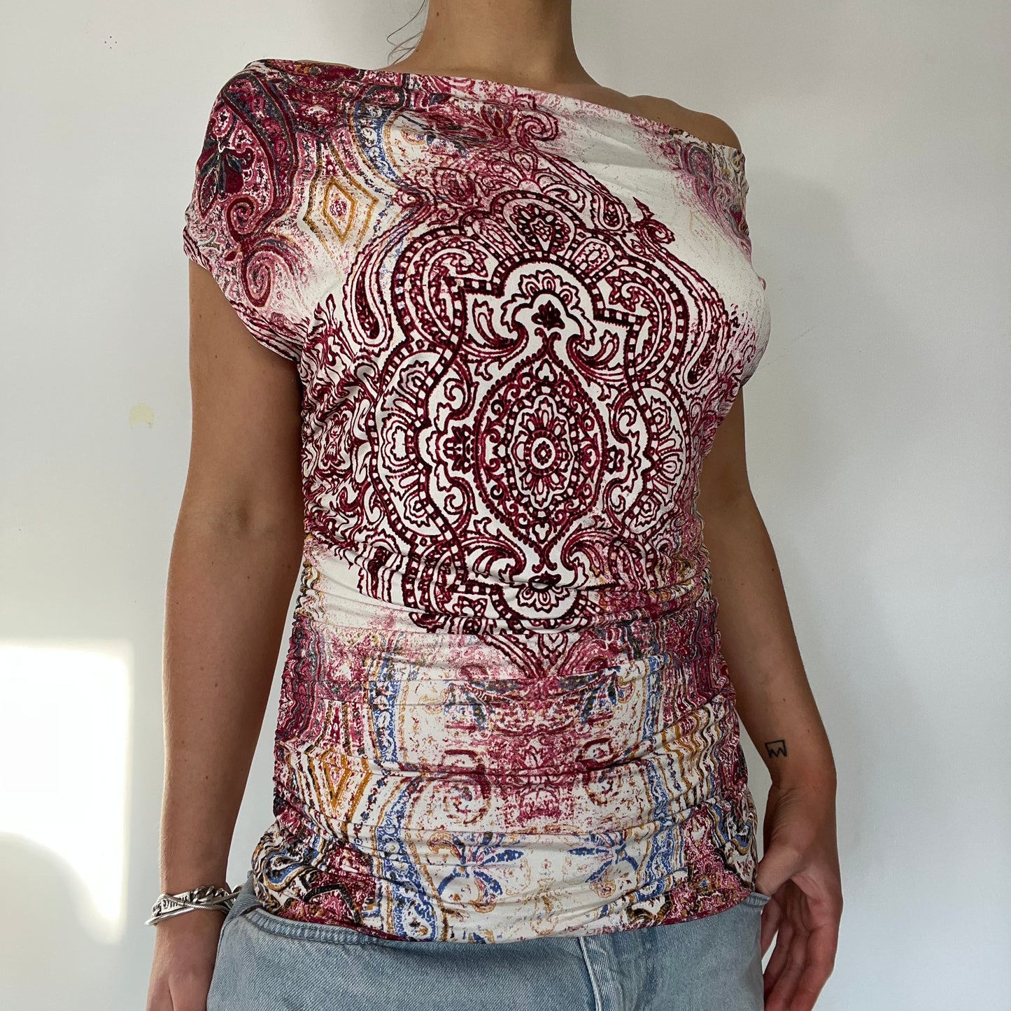 Y2K vintage paisley stretch off the shoulder top - Size S