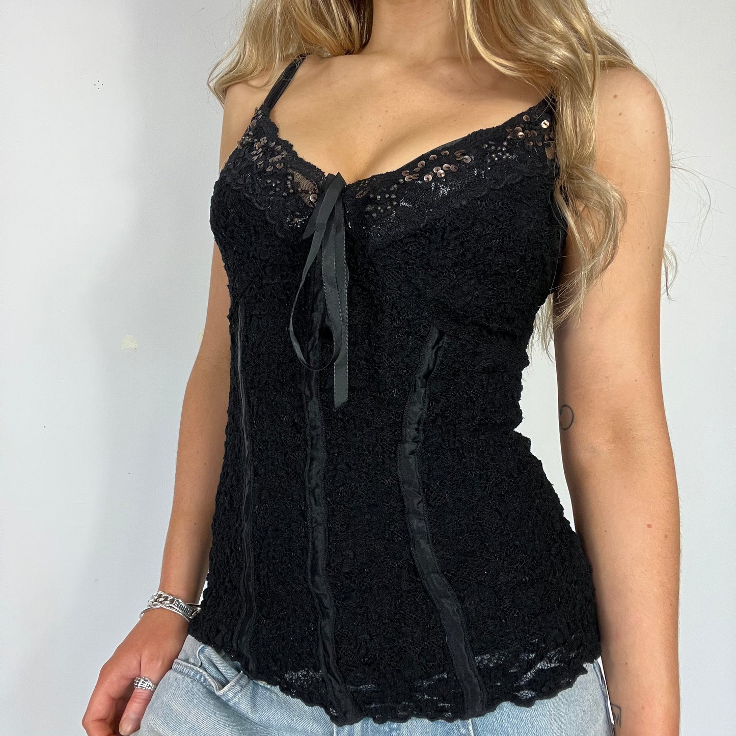 00s vintage black lace rhinestone cami top - Size S