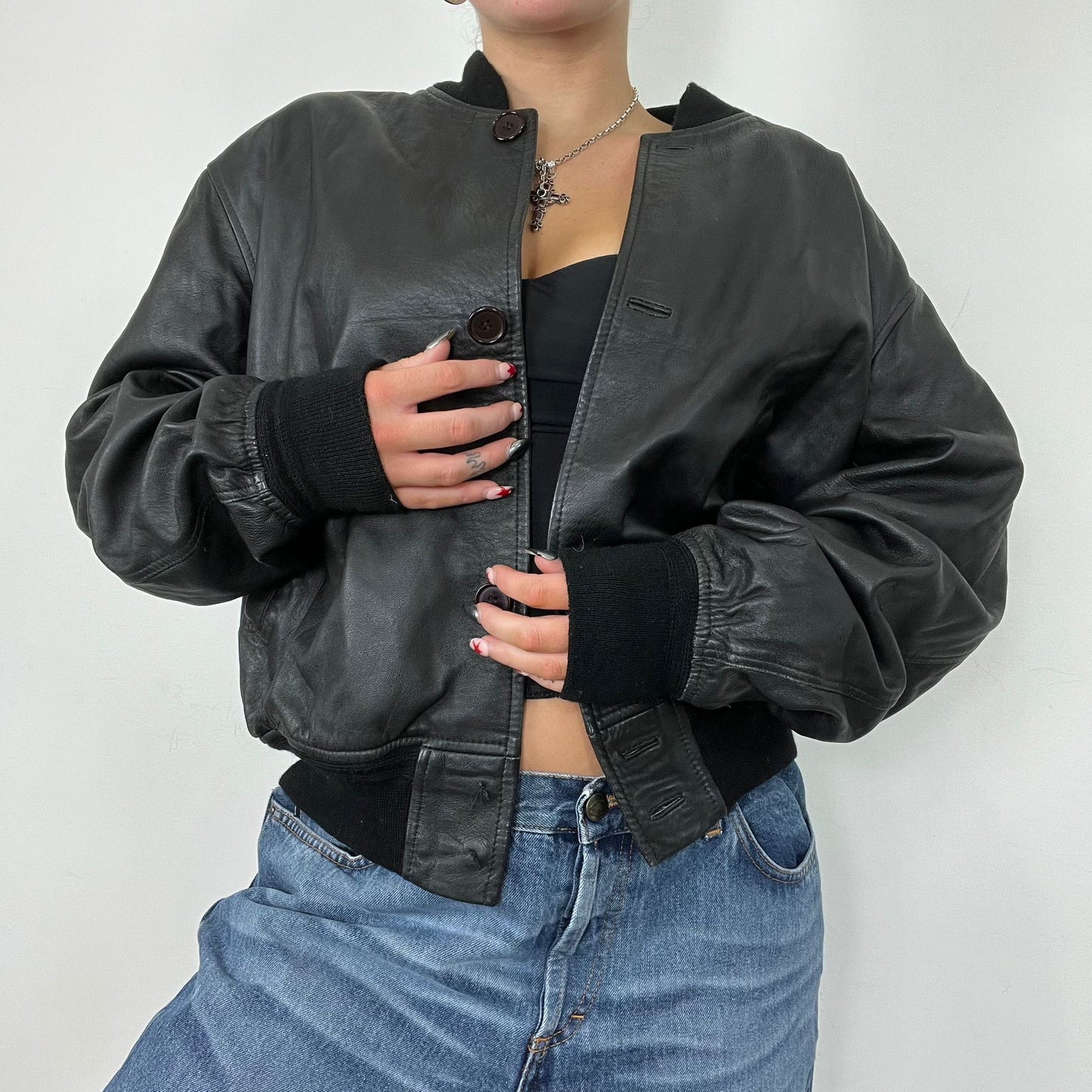 Faux Leather Button Up Bomber Jacket (M)