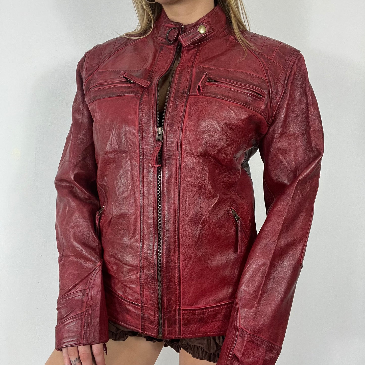 90s dark red black real leather jacket - Size M/L