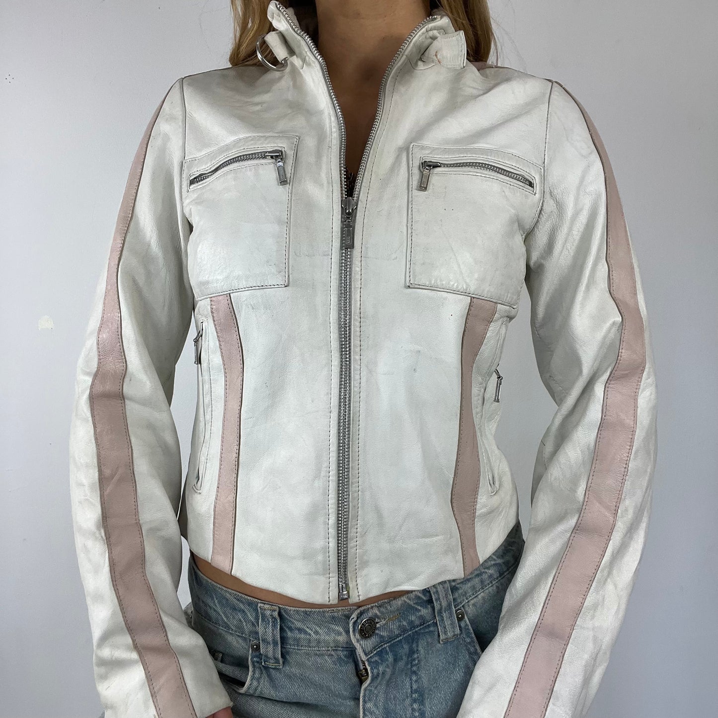 90s vintage white pink real leather racing jacket - Size S/M