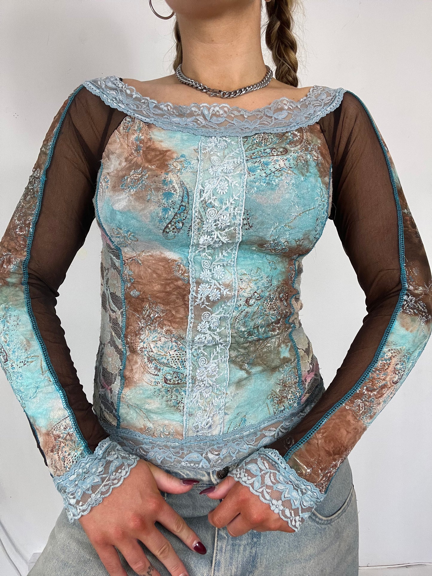 Lace mesh graphic print long sleeve - Size S