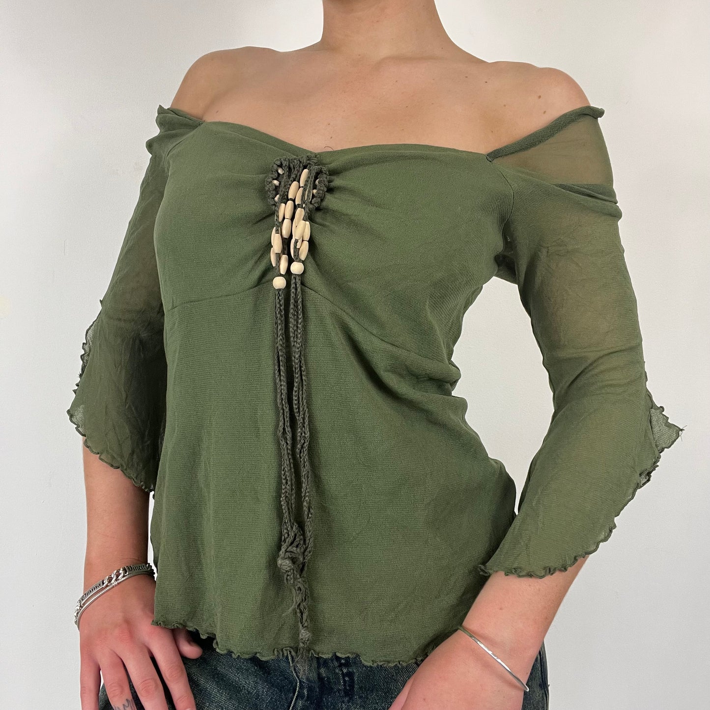 90s flared mesh boho top lace - Size S/M