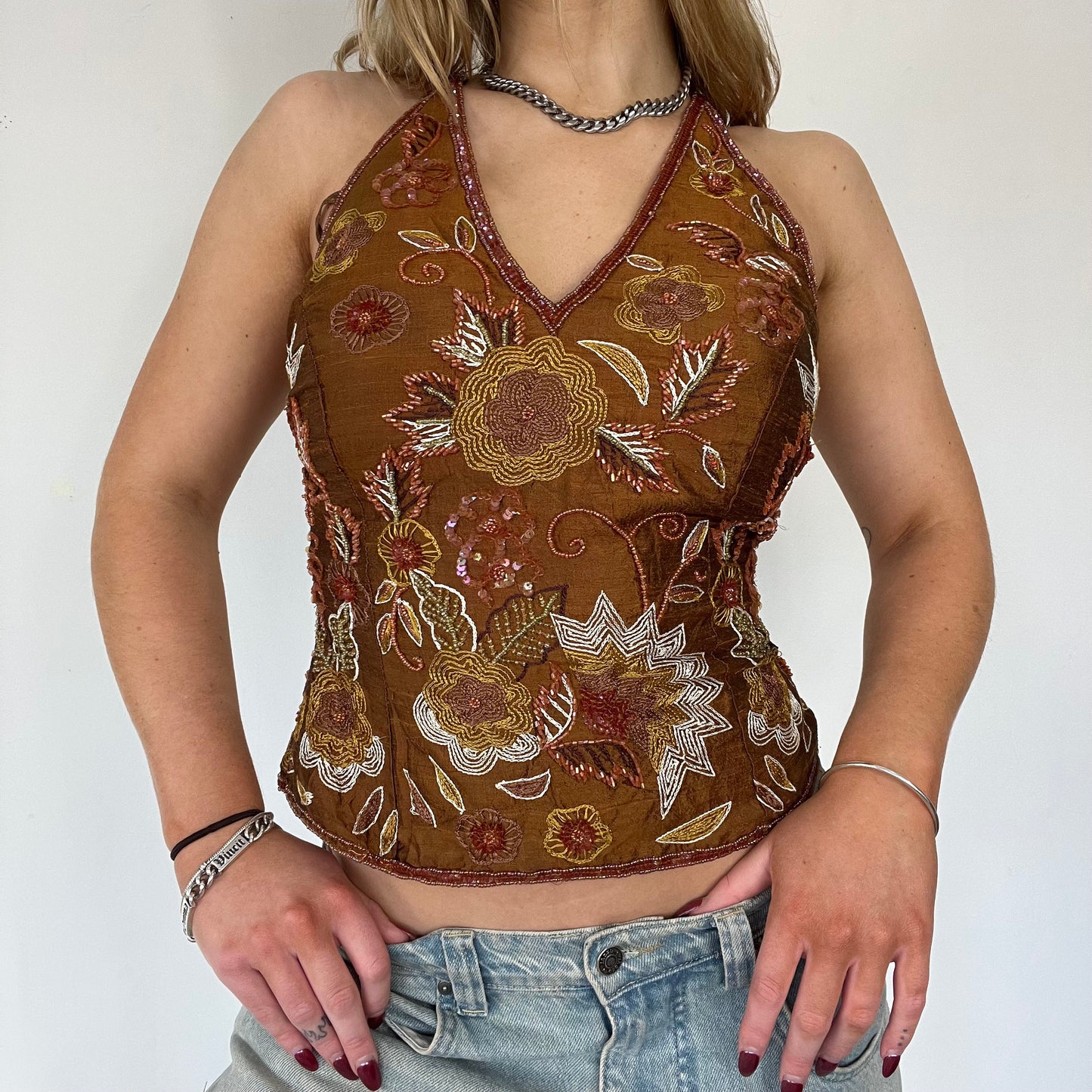 90s beaded backless halter neck top - Size S