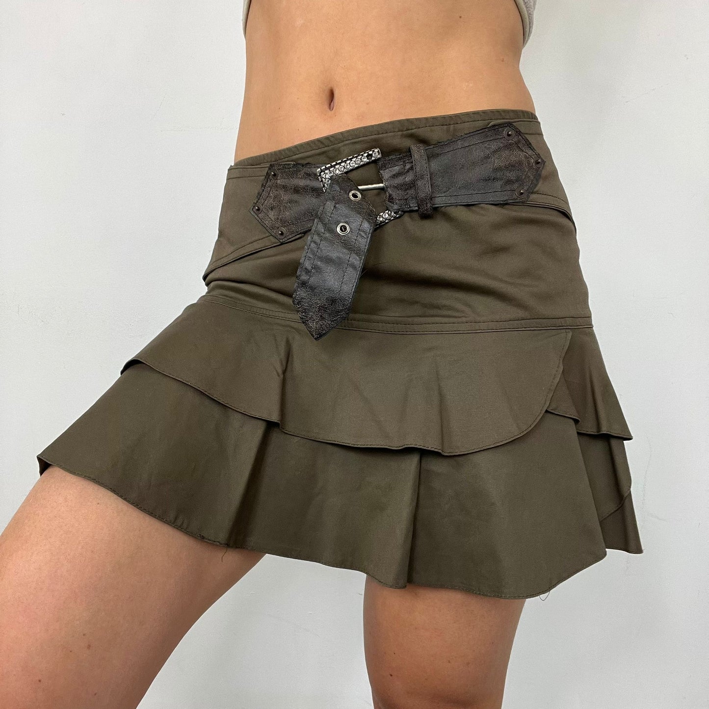 Y2K Belted Khaki Rara Mini Skirt (S)