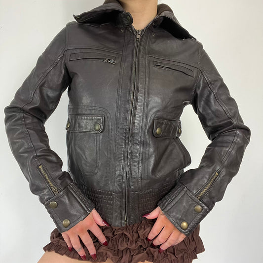 90s dark brown cargo style leather jacket - Size S/M