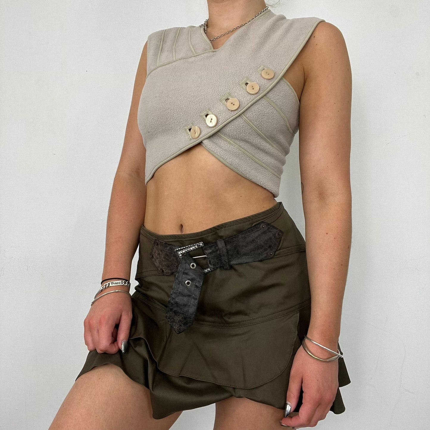 Y2K Belted Khaki Rara Mini Skirt (S)