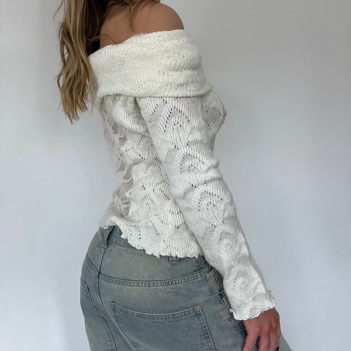 90s cream knit off shoulder jumper - Size S