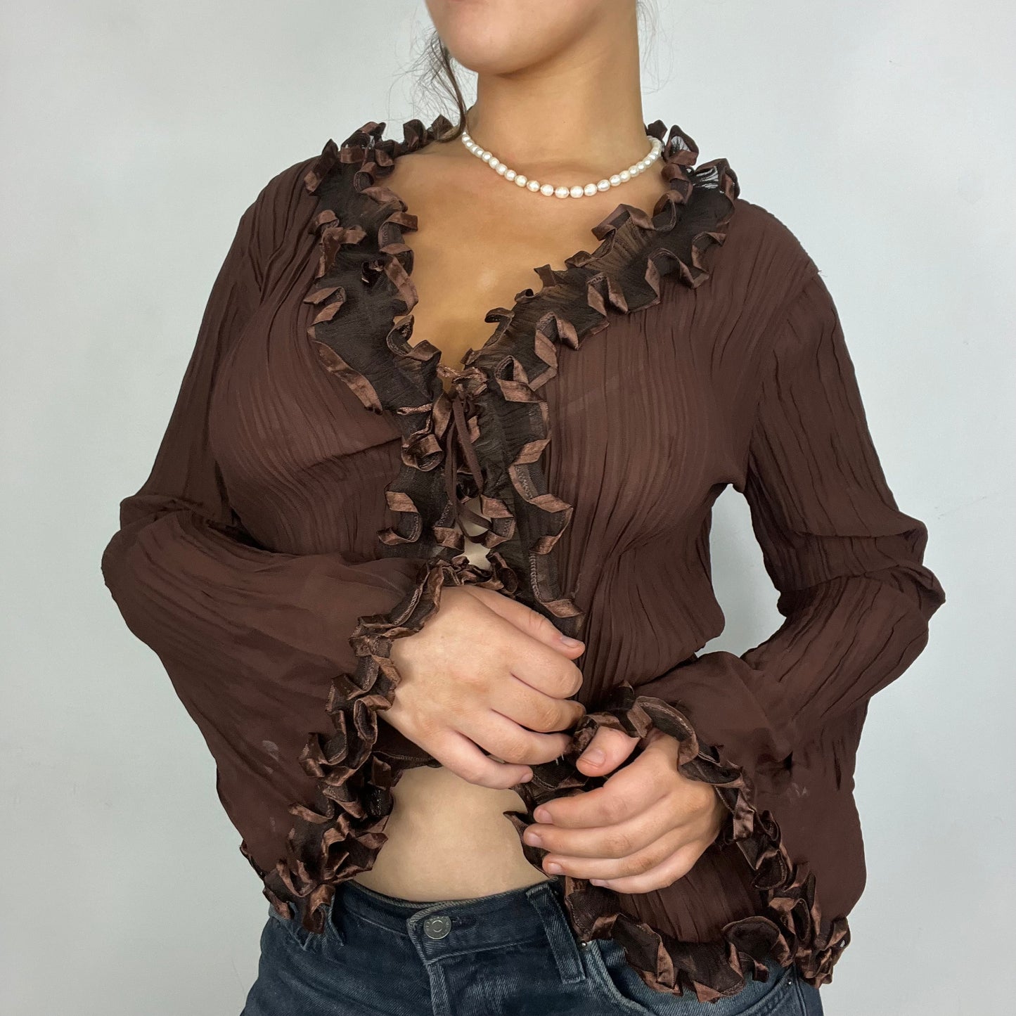 Brown Mesh Lettuce Hem Tie Up Flare Top (S)