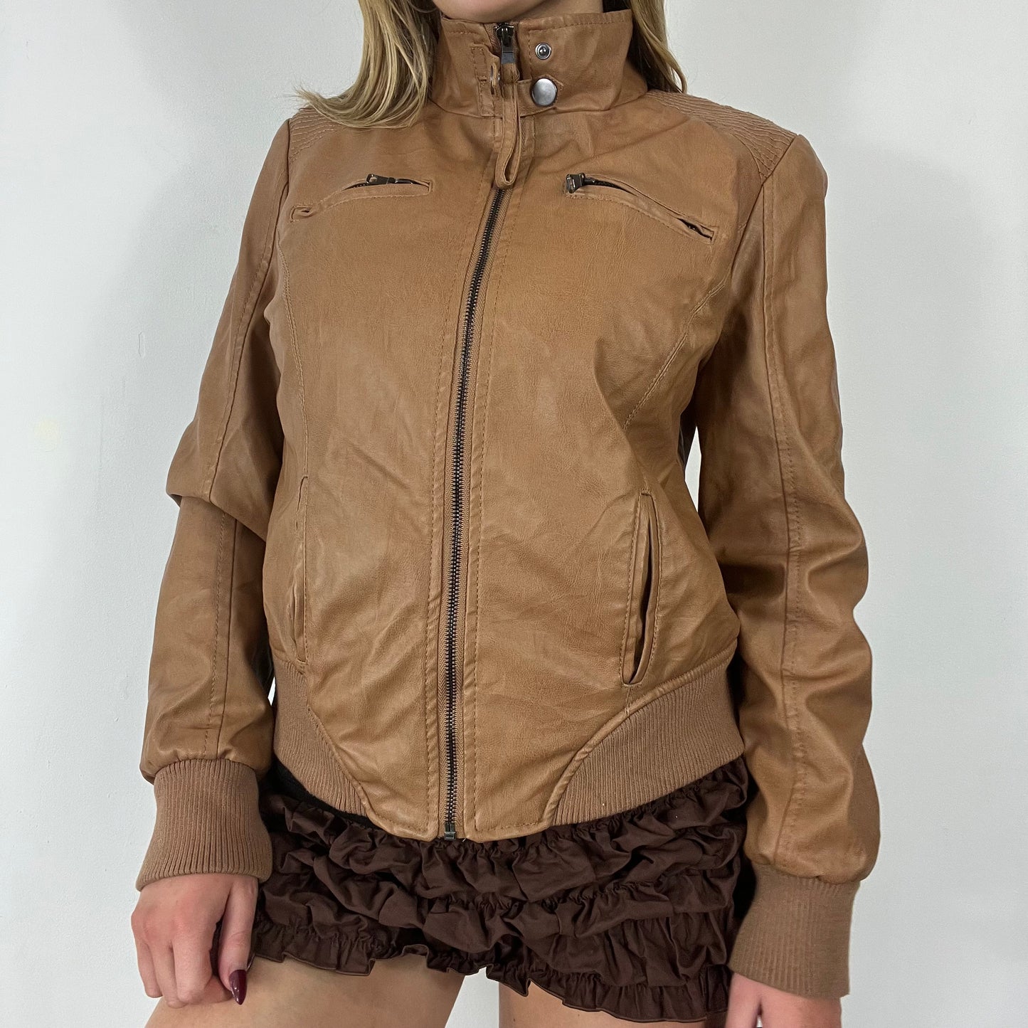 90s brown leather zipper bomber jacket - Size S/M