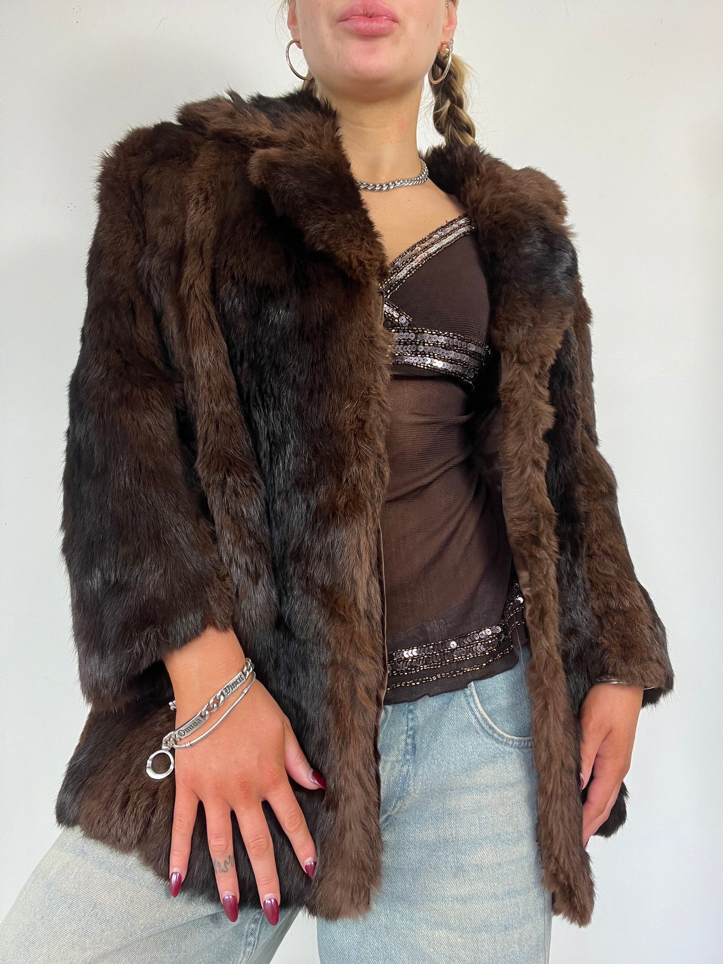 Real fur brown coat - Size M