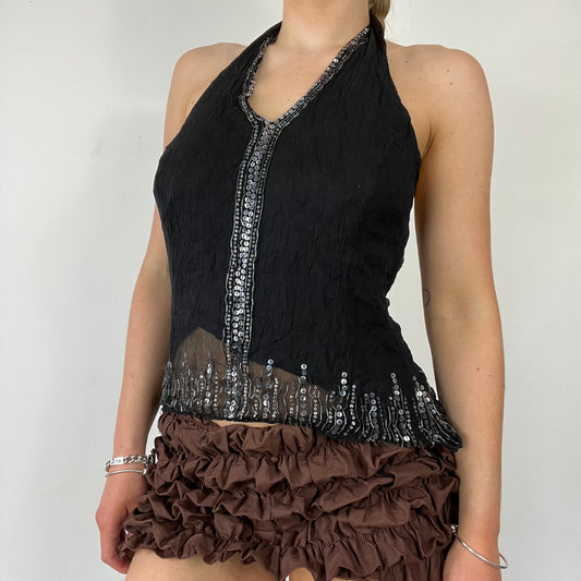 90s black mesh sequin halter neck top - Size S/M