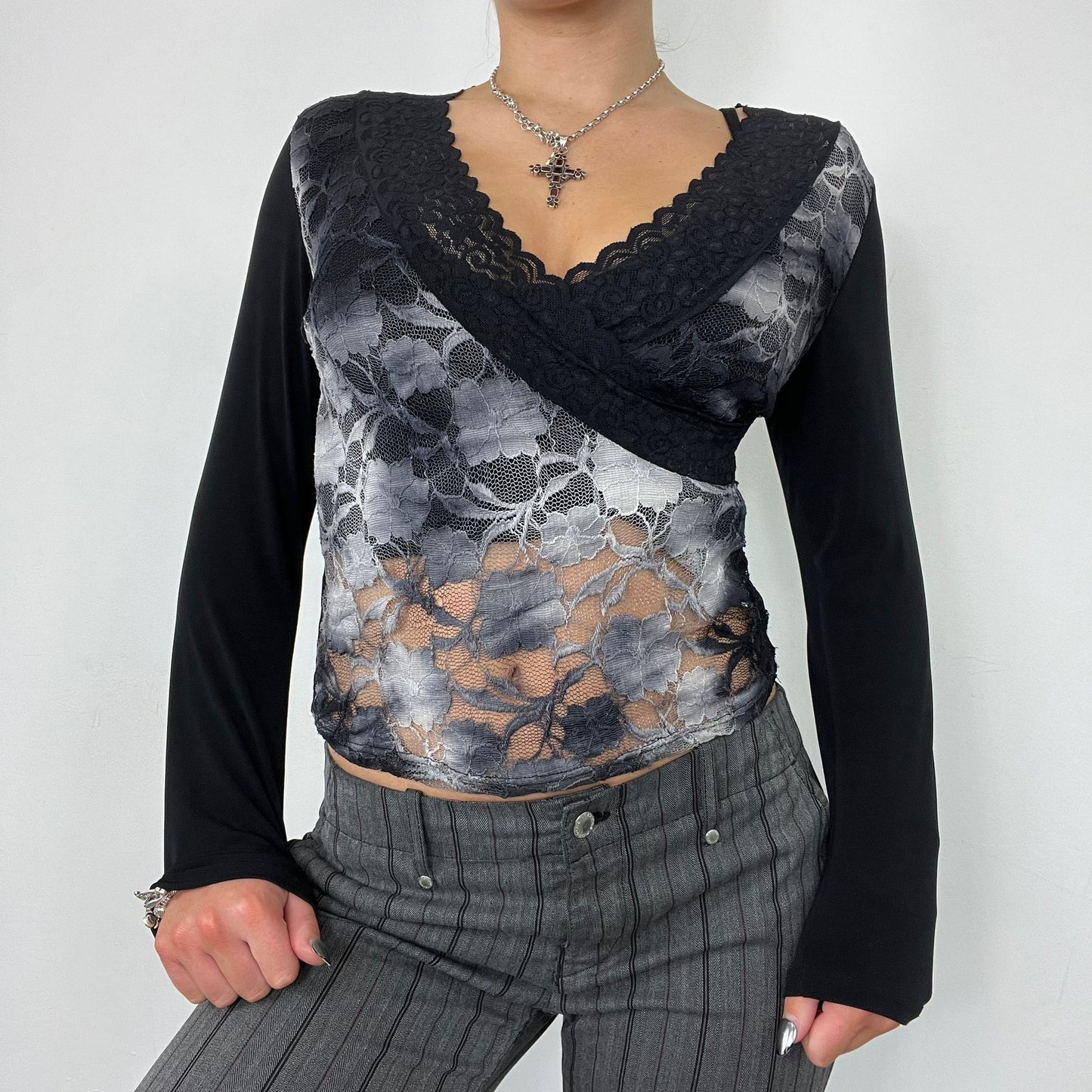 Black Long Sleeve Wrap Lace Top (S)