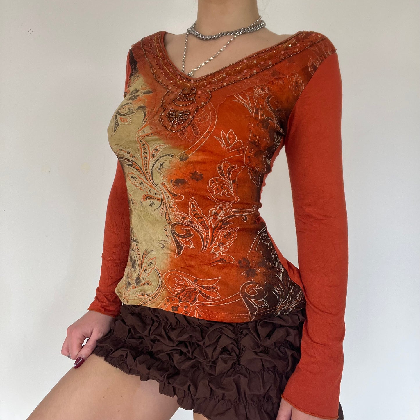 90s orange sequin long sleeve top - Size S