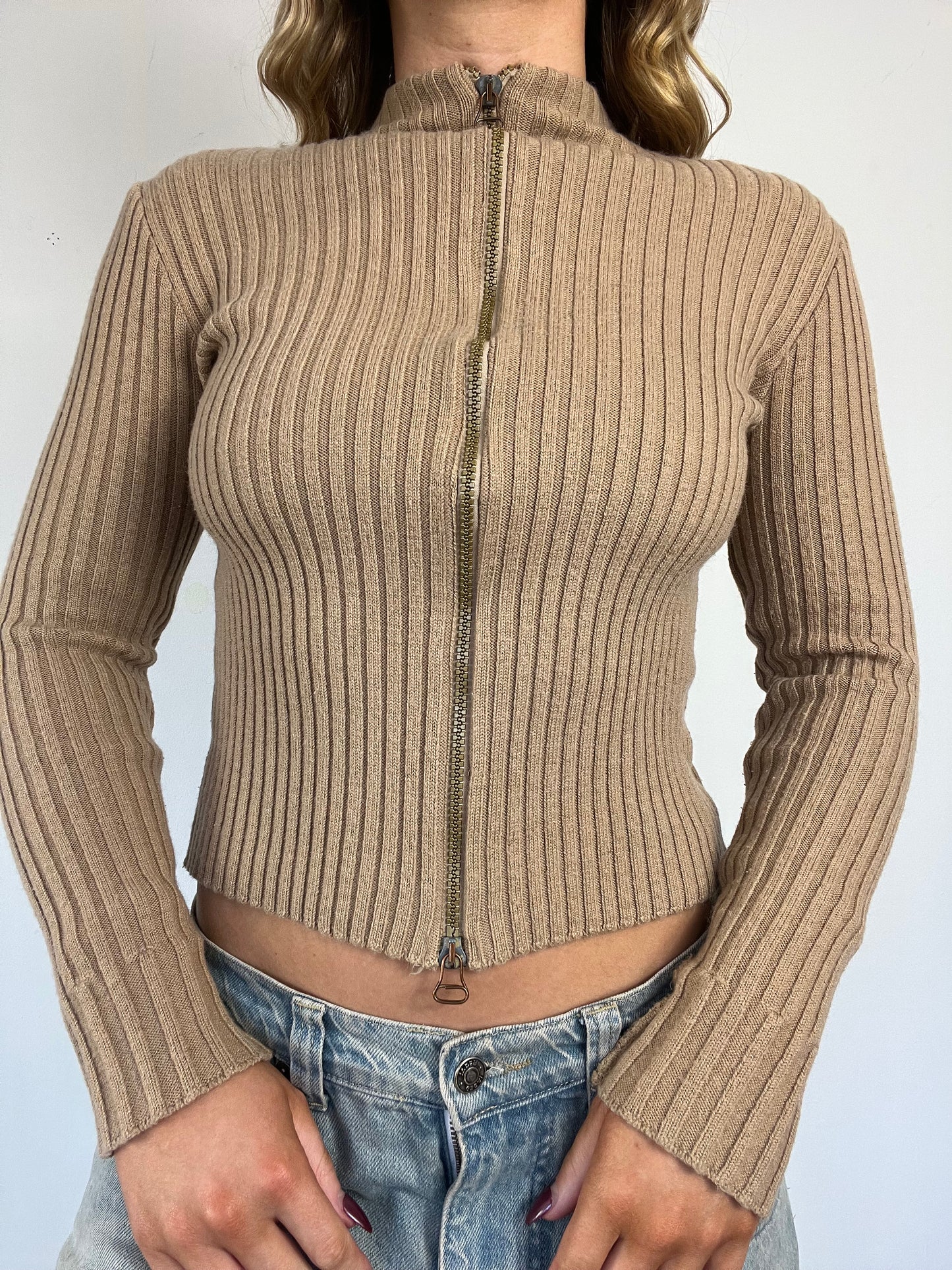 90s beige ribbed double zip up - Size S