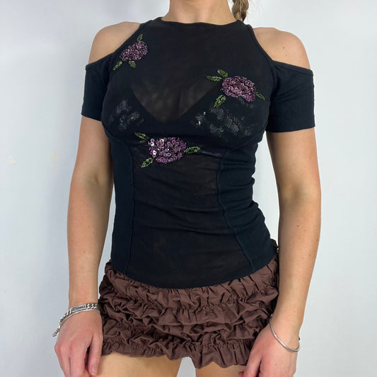 00s black knit mesh sequin top - Size S