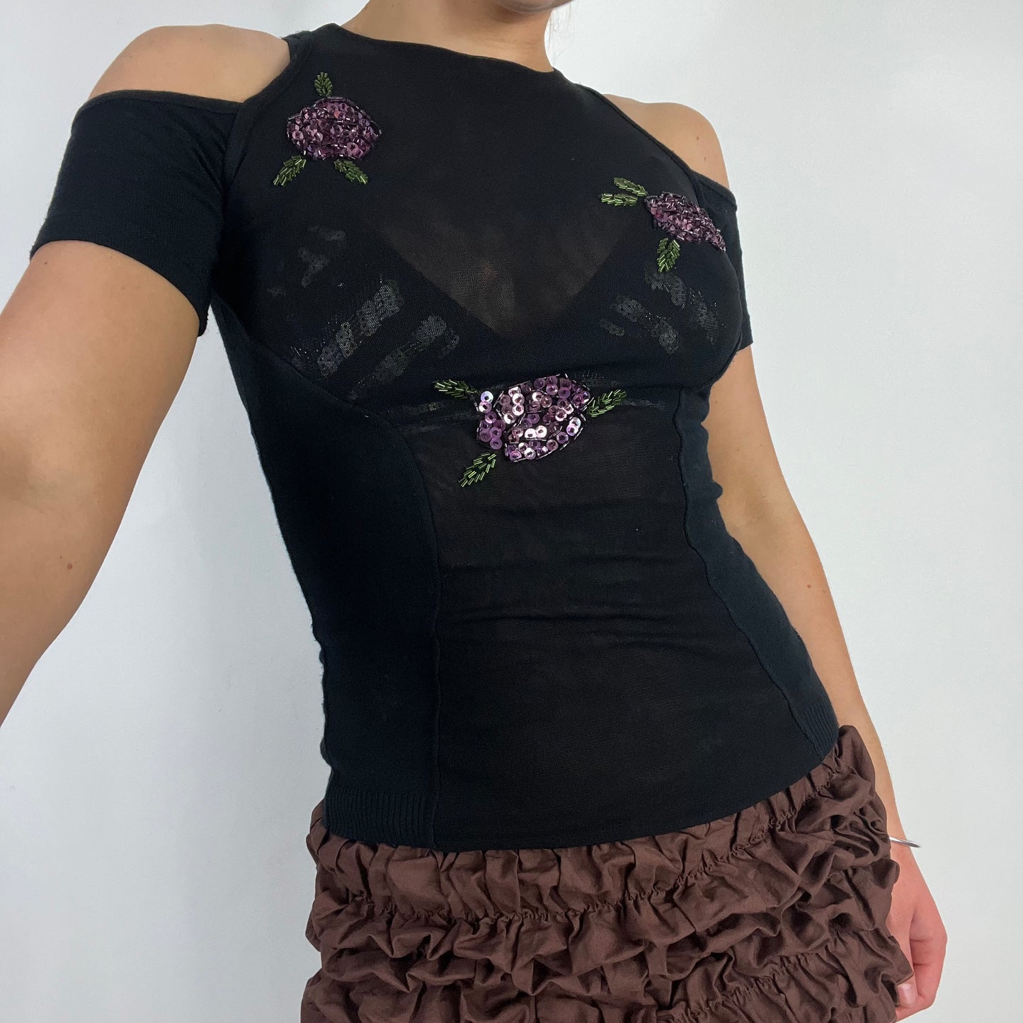 00s black knit mesh sequin top - Size S