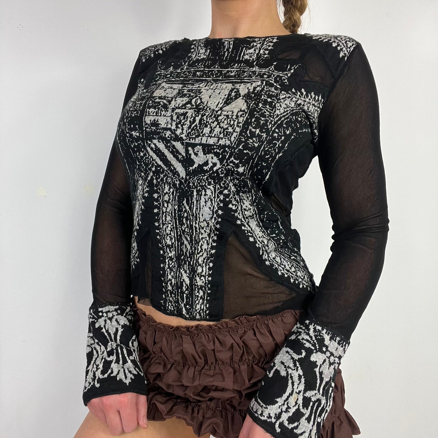 00s black knit mesh graphic long sleeve top - Size S