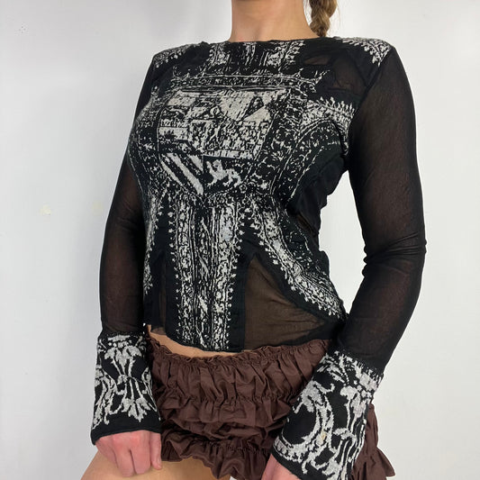 00s black knit mesh graphic long sleeve top - Size S