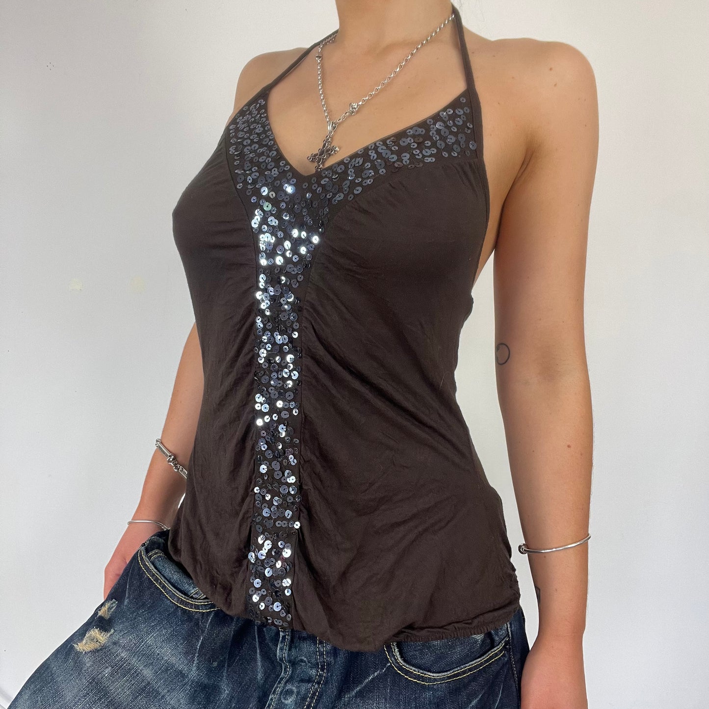 Y2K brown sequin halter neck top - Size S/M