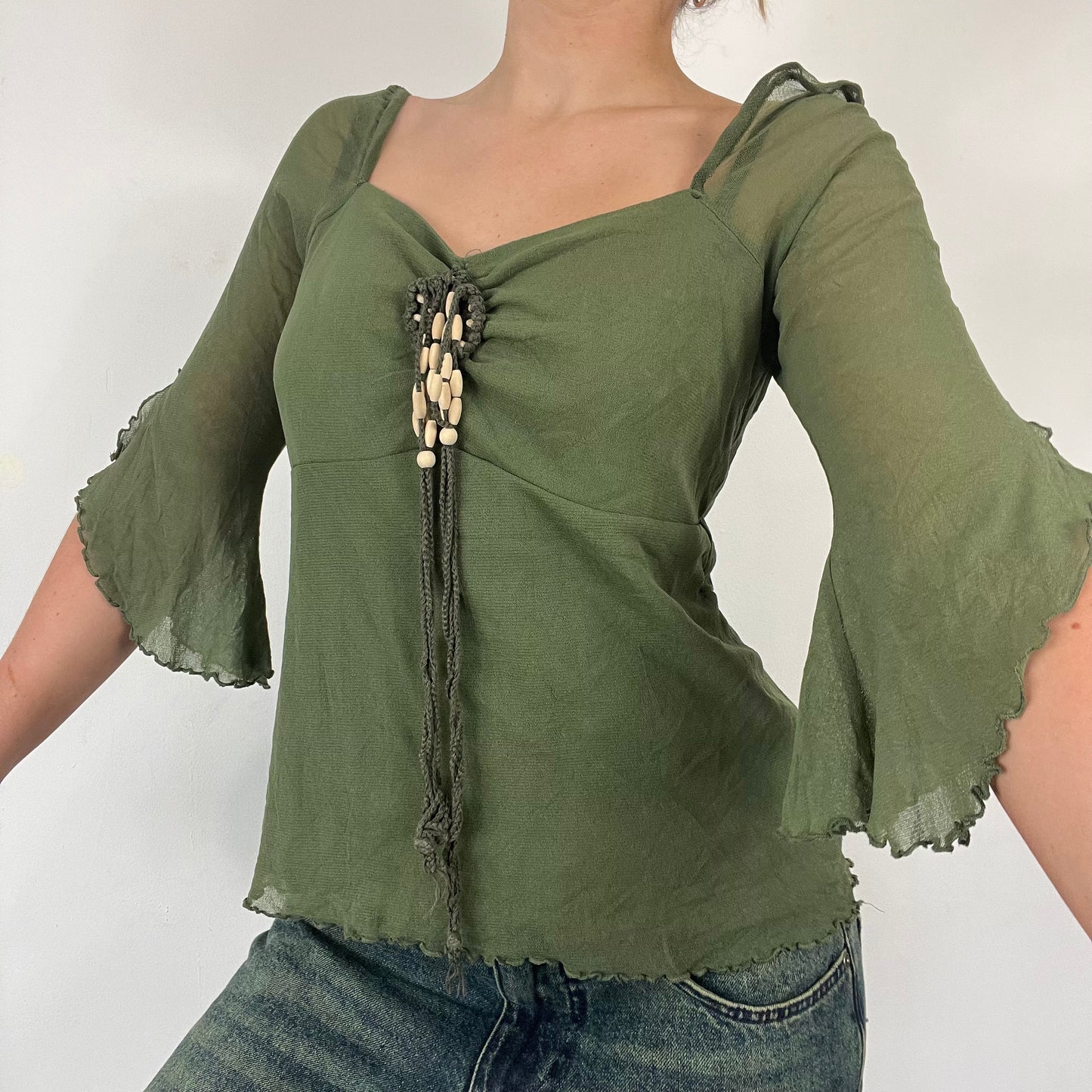 90s flared mesh boho top lace - Size S/M