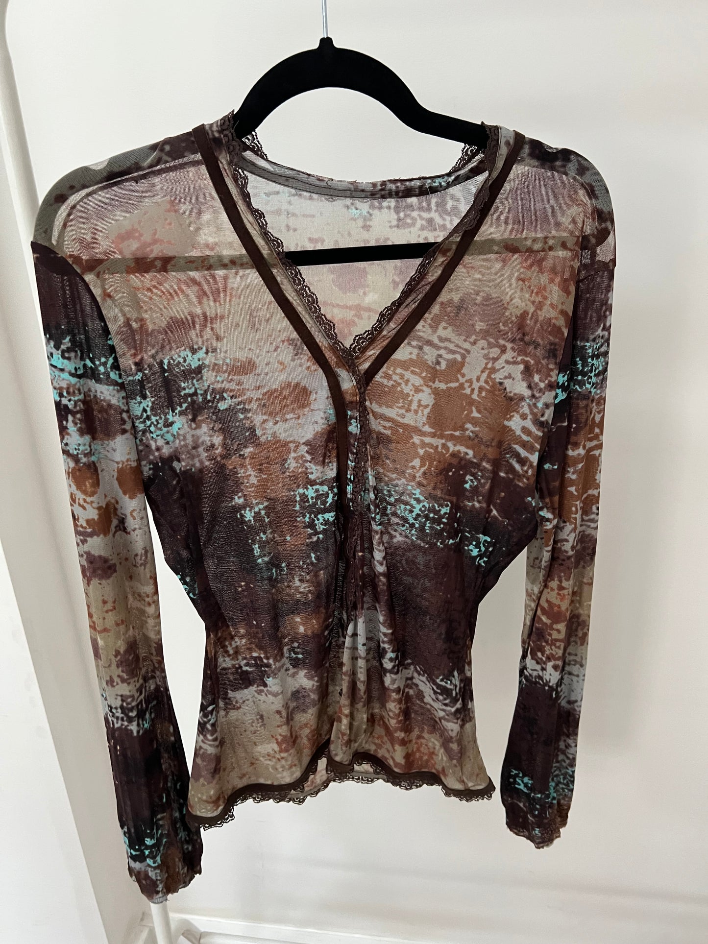 90s graphic print mesh long sleeve top - Size M