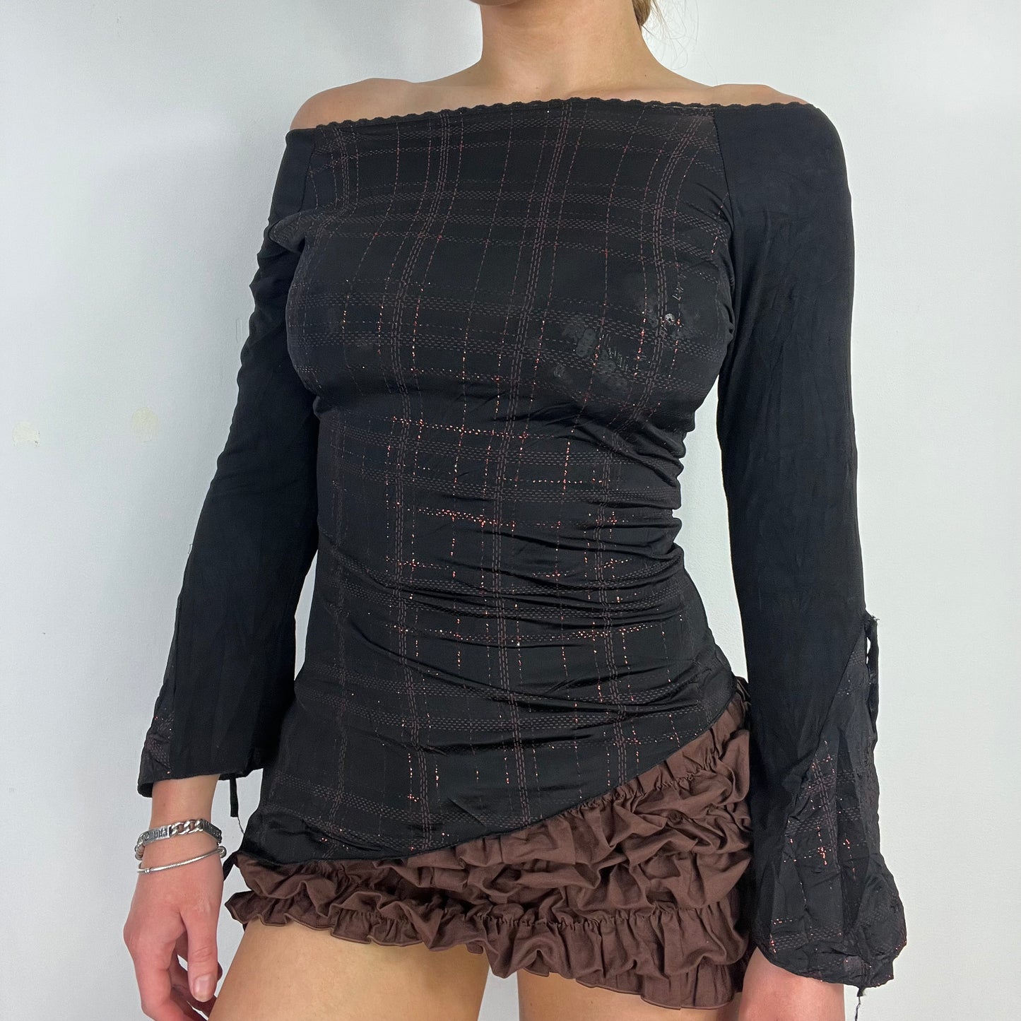 90s black tartan flared sleeve top - Size S