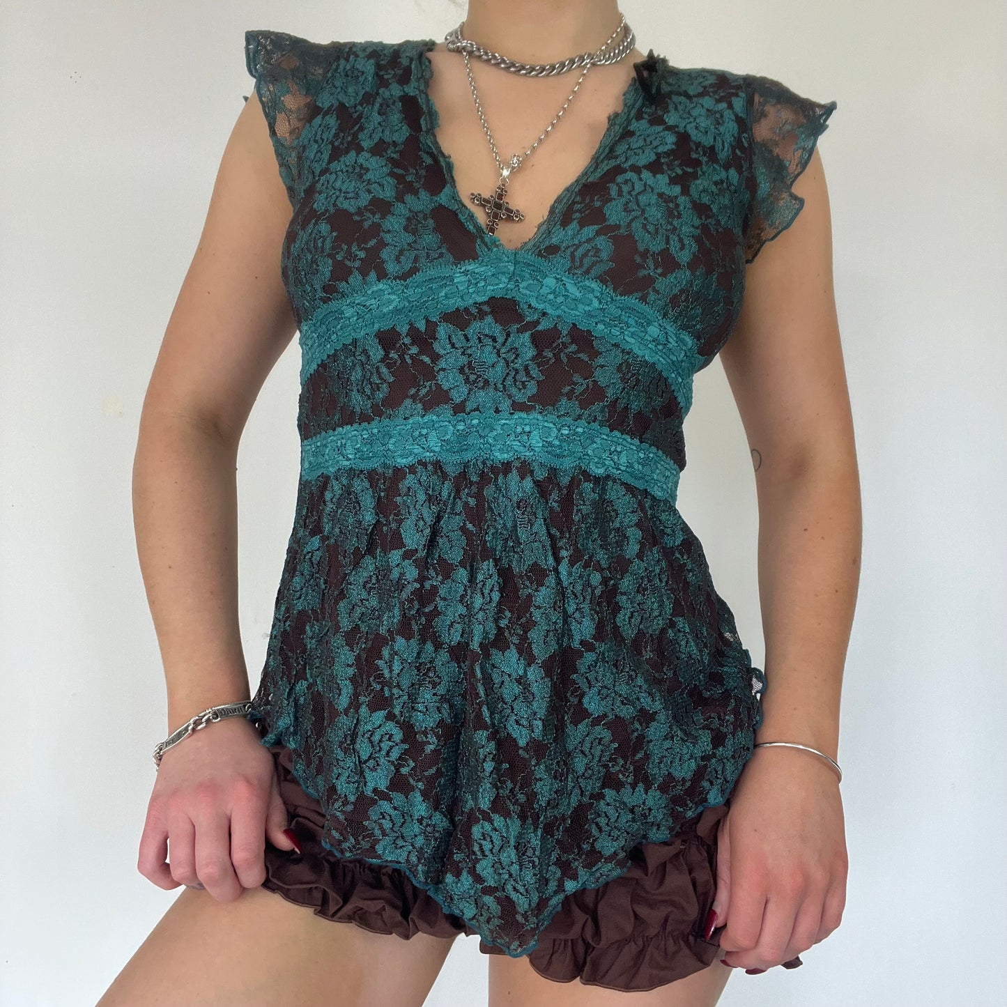 90s lace brown blue top - Size S/M