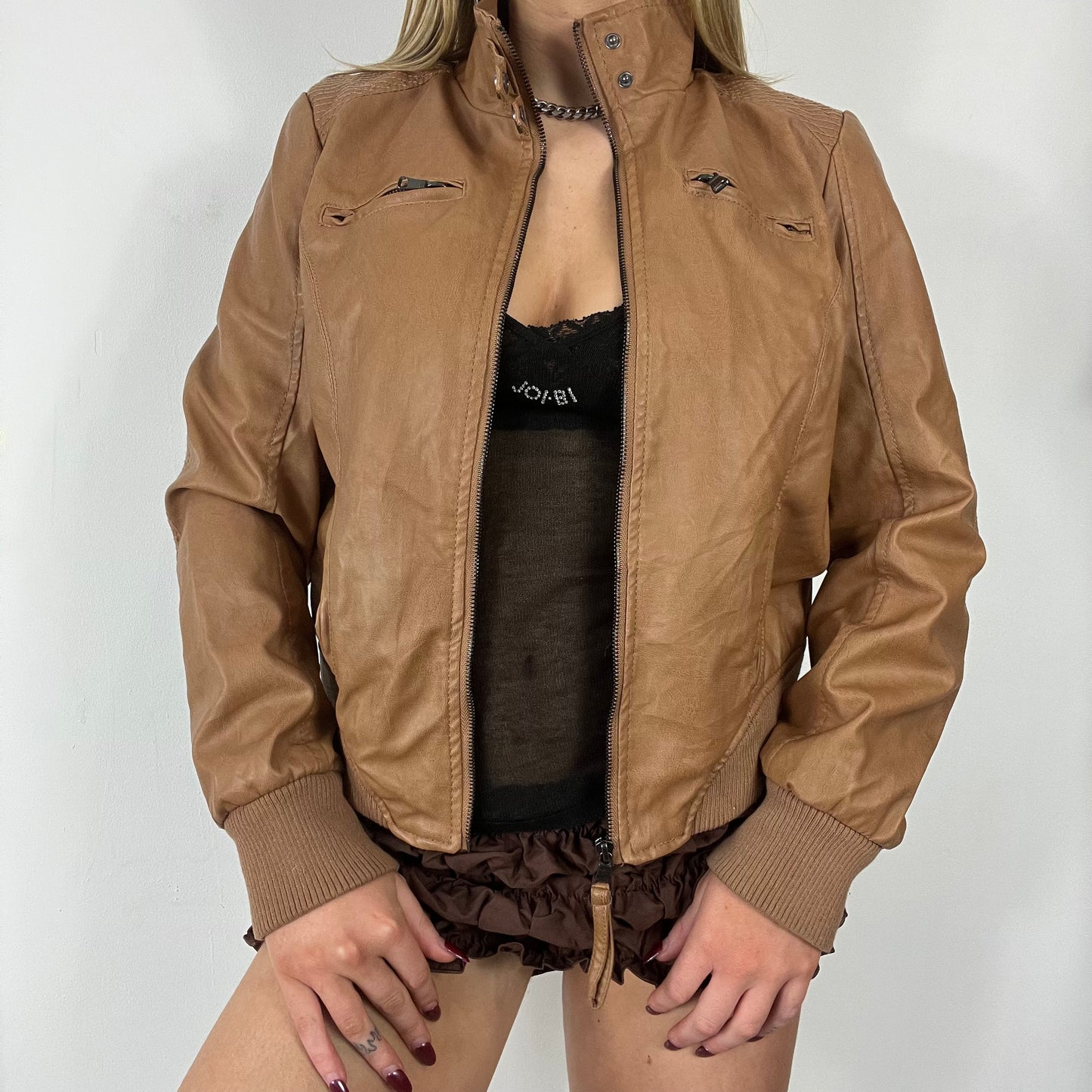 90s brown leather zipper bomber jacket - Size S/M