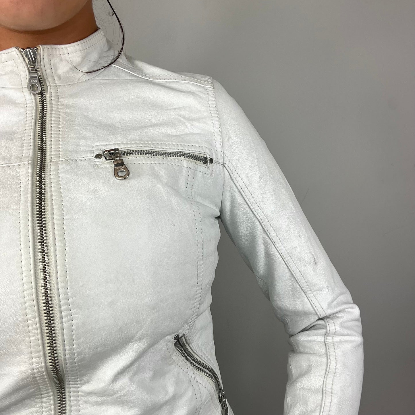 Y2K White Leather Zip Up Jacket (S)