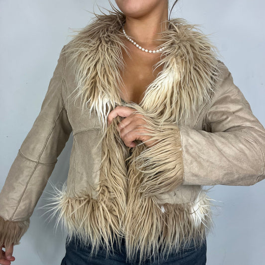 Y2K Cream Fur Trim Afghan Jacket  (M/L)