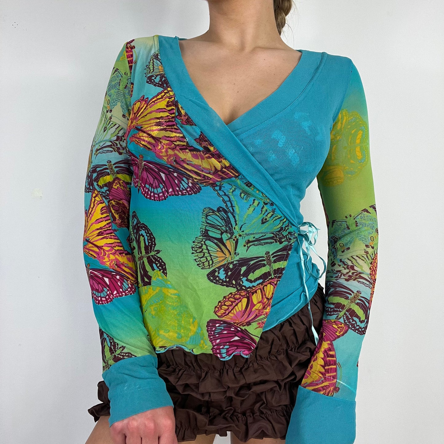 00s blue graphic print wrap print mesh top - Size S
