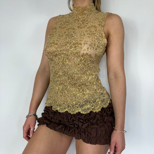 90s gold lace shimmer high neck top - Size S/M