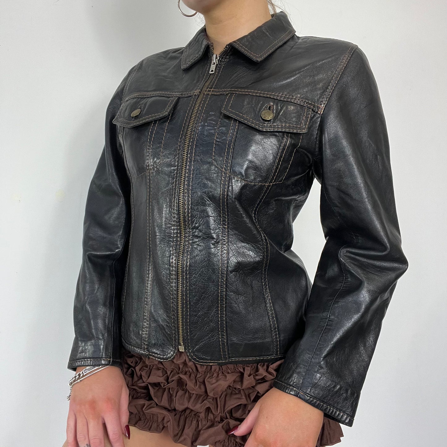 90s real leather zip up jacket - Size S/M