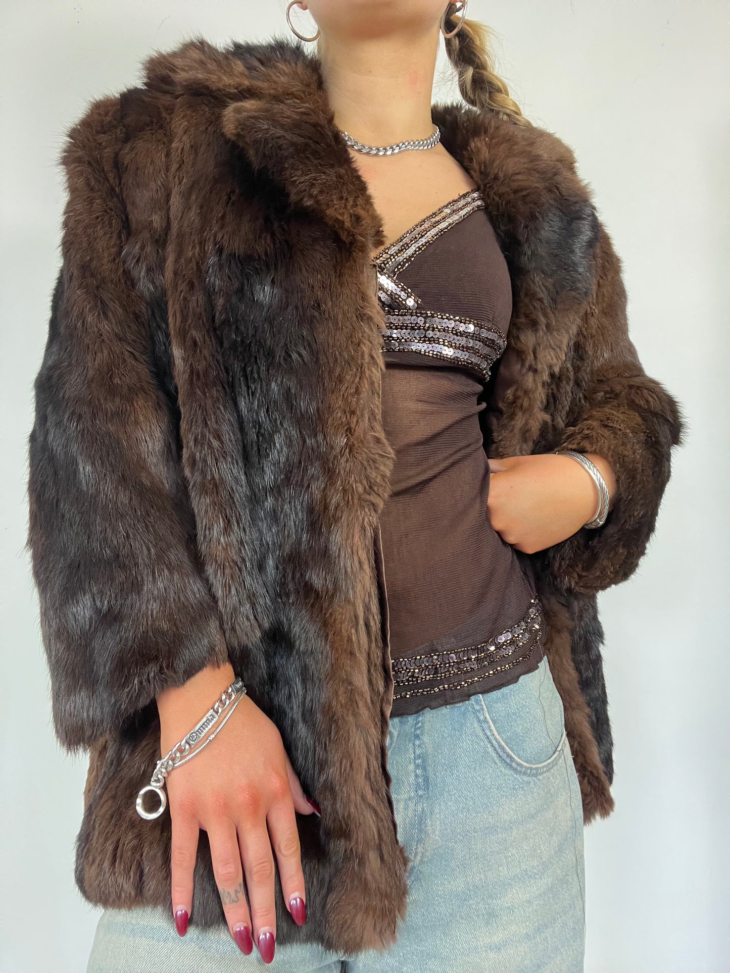 Real fur brown coat - Size M