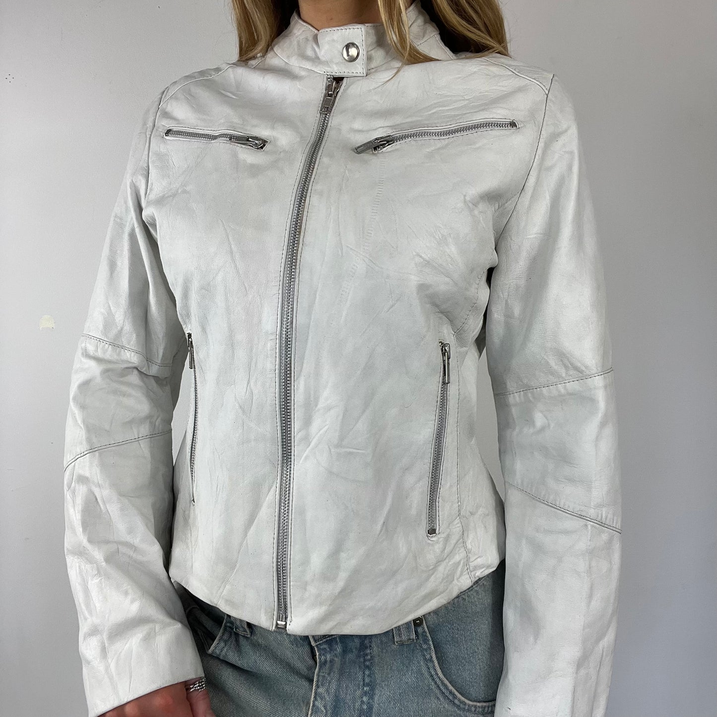 90s real leather white moto jacket - Size M