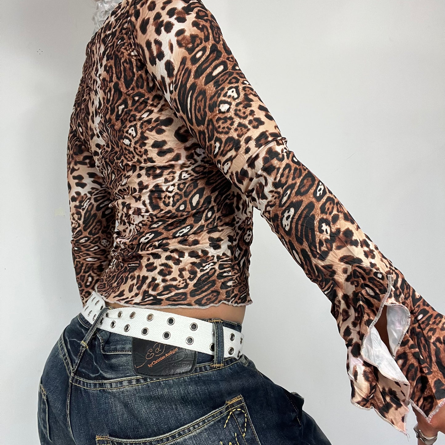 90s leopard frill long flare sleeve top - Size S