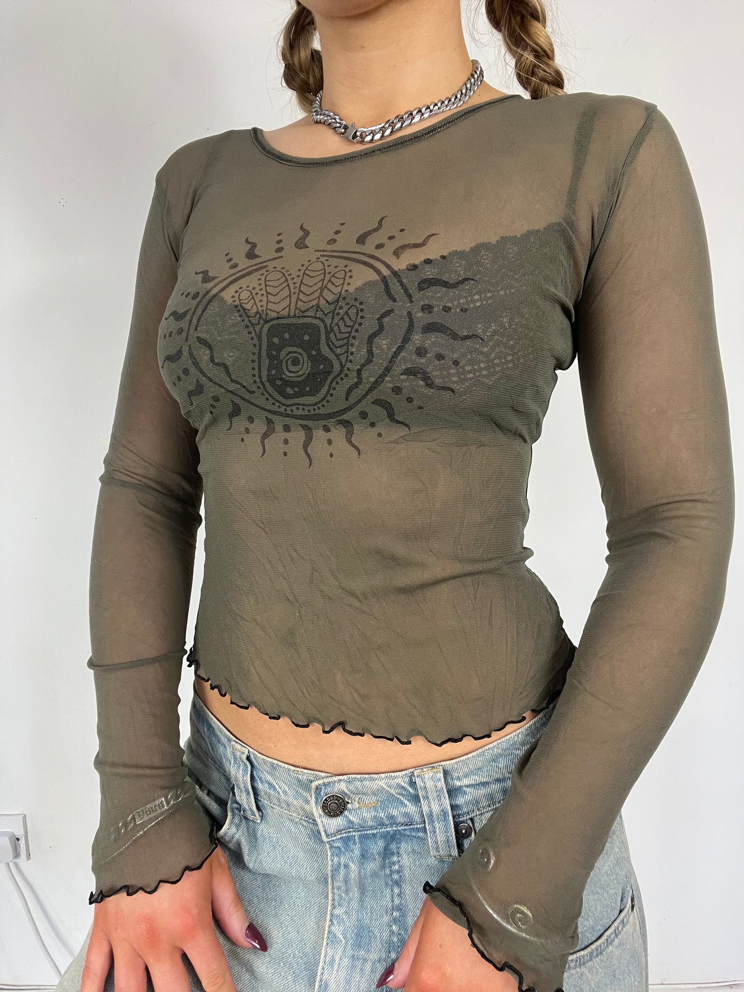 90s mesh khaki graphic print long sleeve top