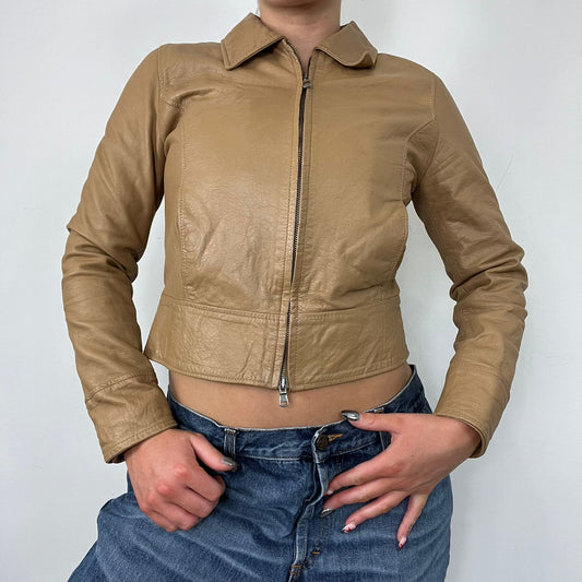 Collared Brown Leather Short Jacket (S)