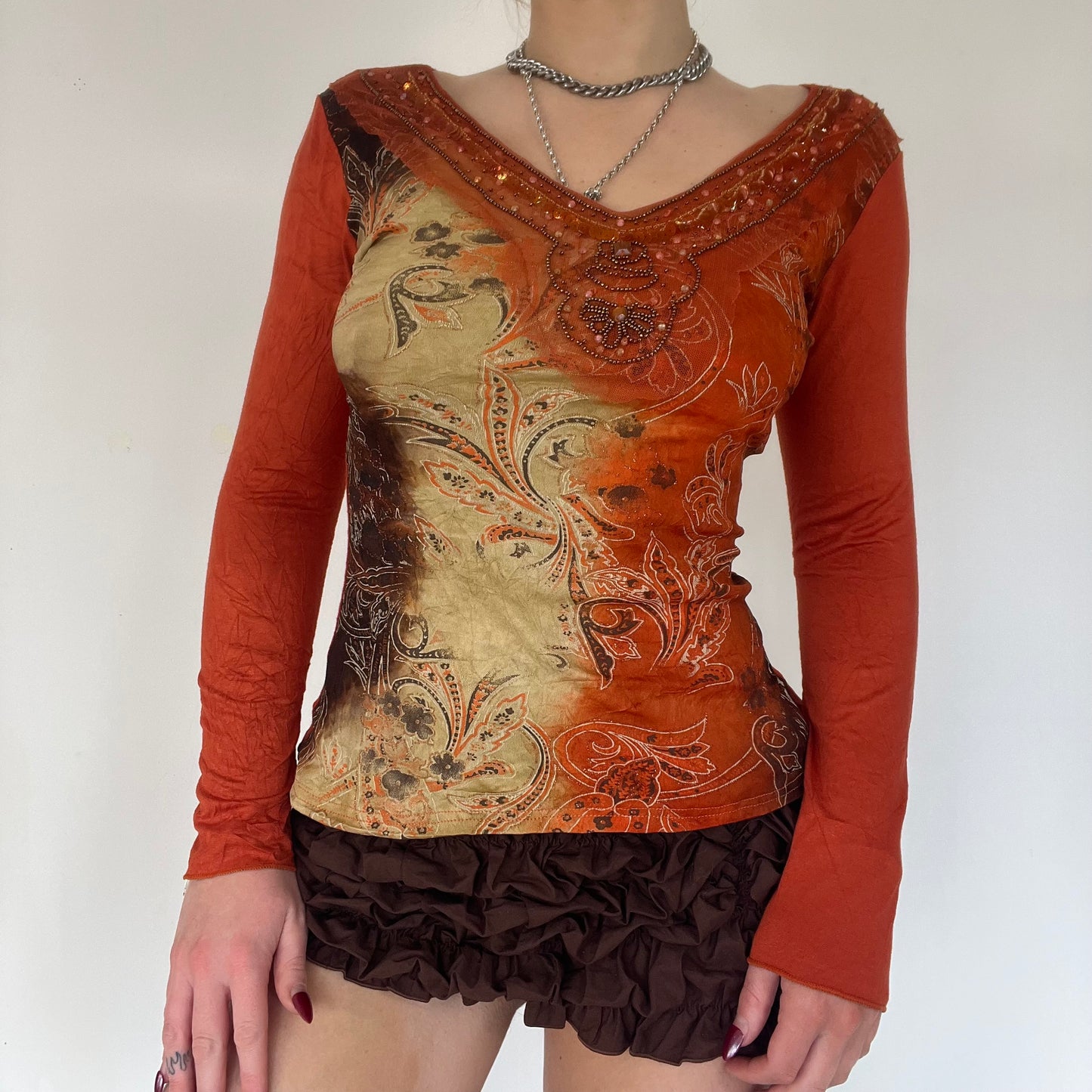 90s orange sequin long sleeve top - Size S