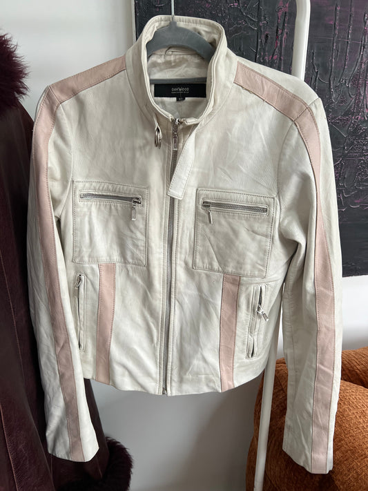 90s vintage white pink real leather racing jacket - Size S/M